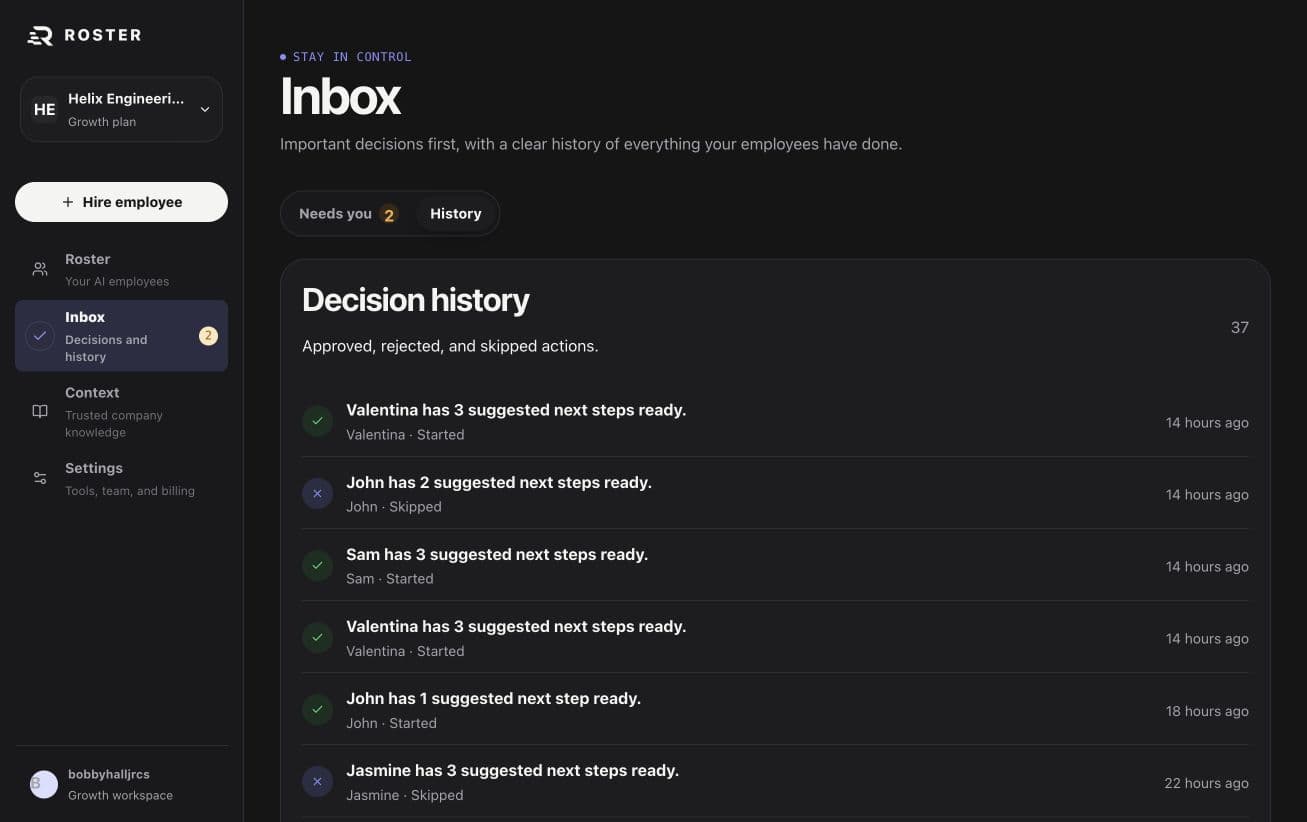 Live Roster inbox showing approved, started, and skipped employee decisions