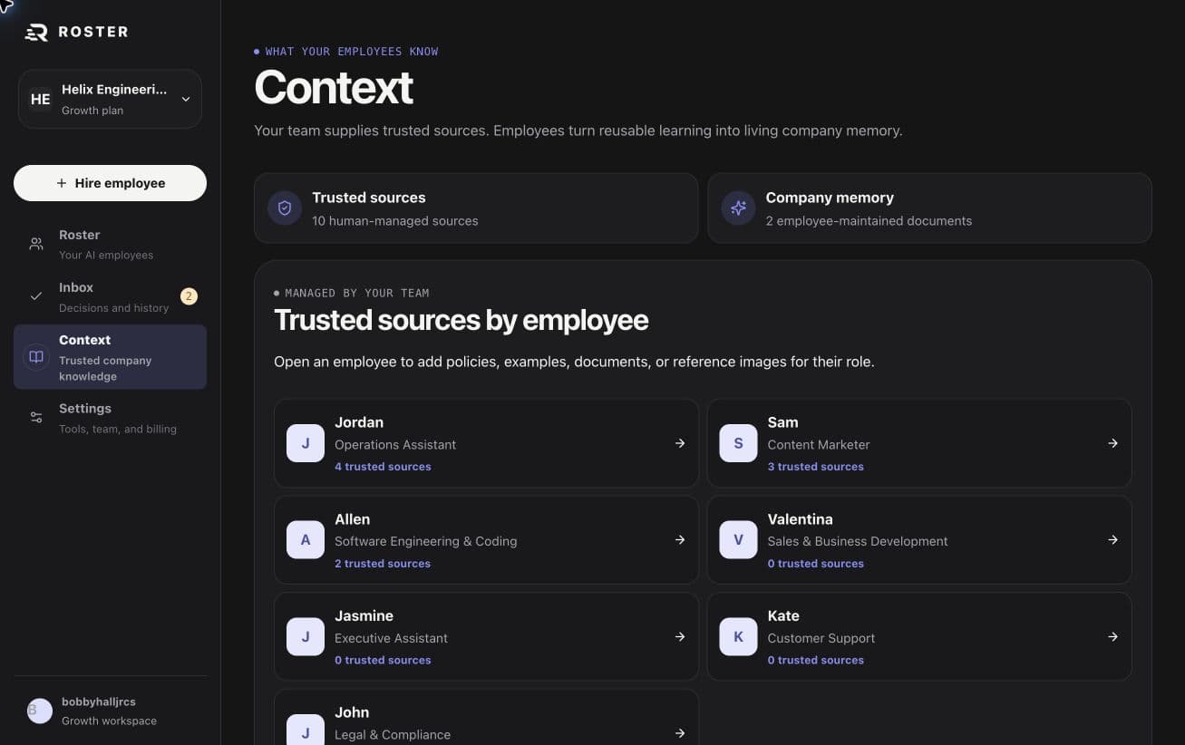 Live Roster company context library with trusted sources by employee