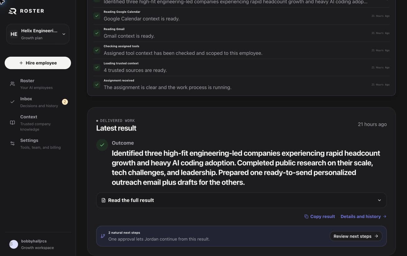 Live Roster delivered result with outcome, history, and next steps