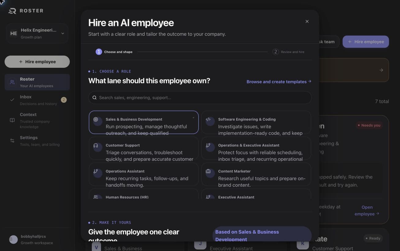 Live Roster hiring flow with employee role templates