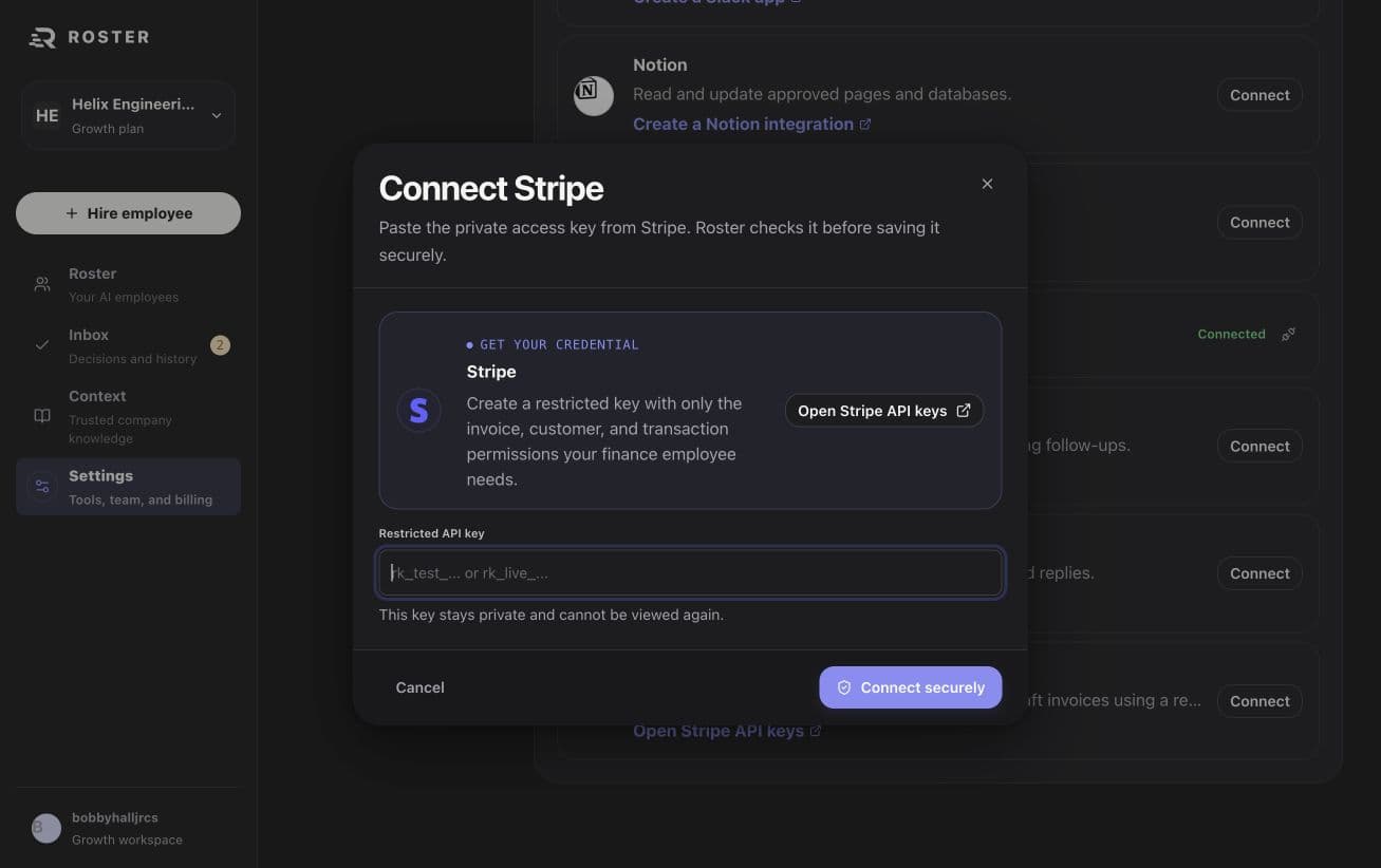 Live Roster Stripe connection flow with scoped credential guidance