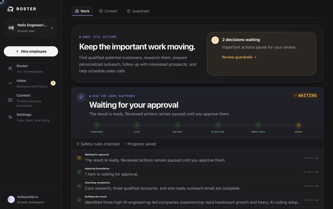 Live Roster employee work timeline with milestones and tool activity