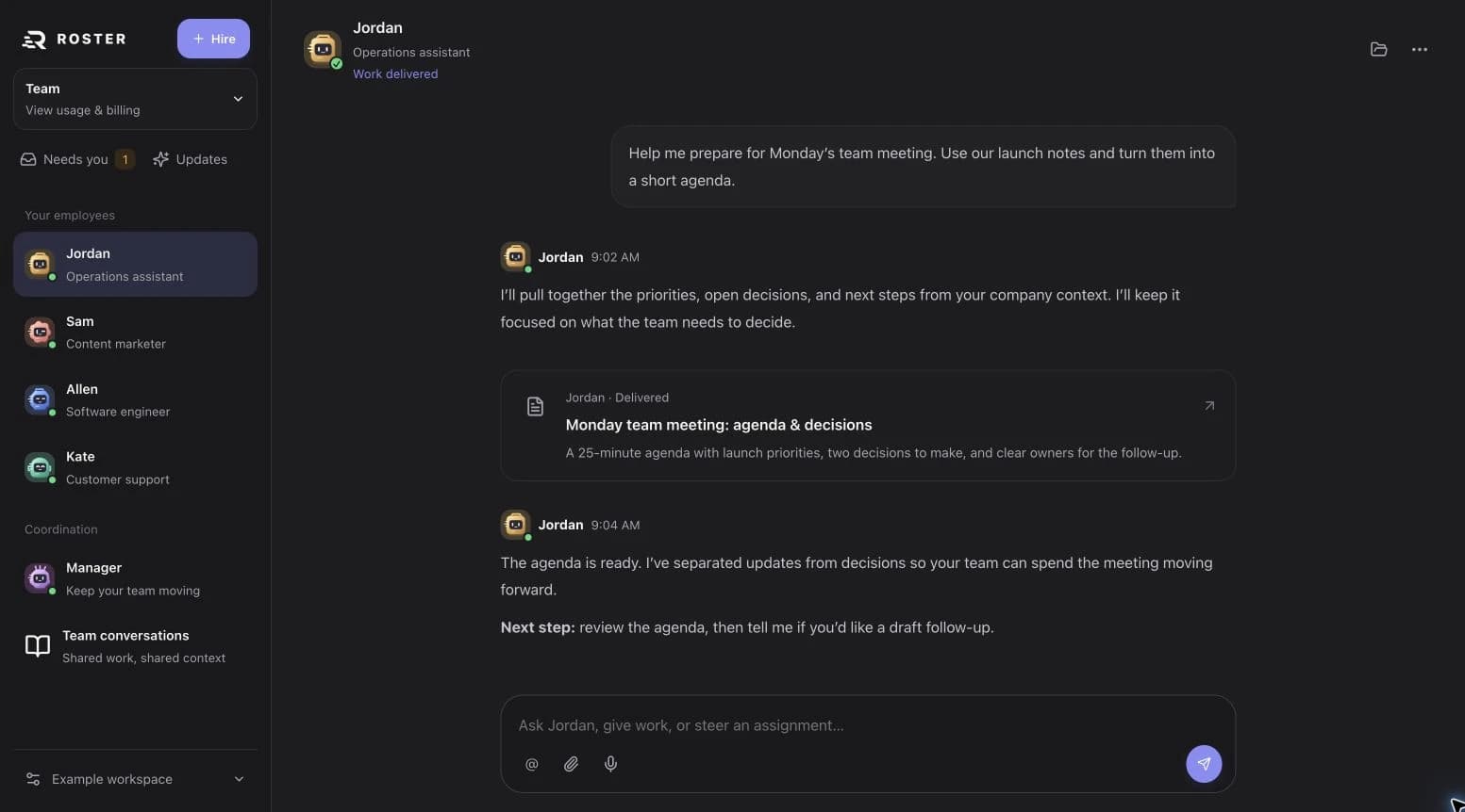 Example Roster employee conversation with a saved assignment, finished work, and employee navigation