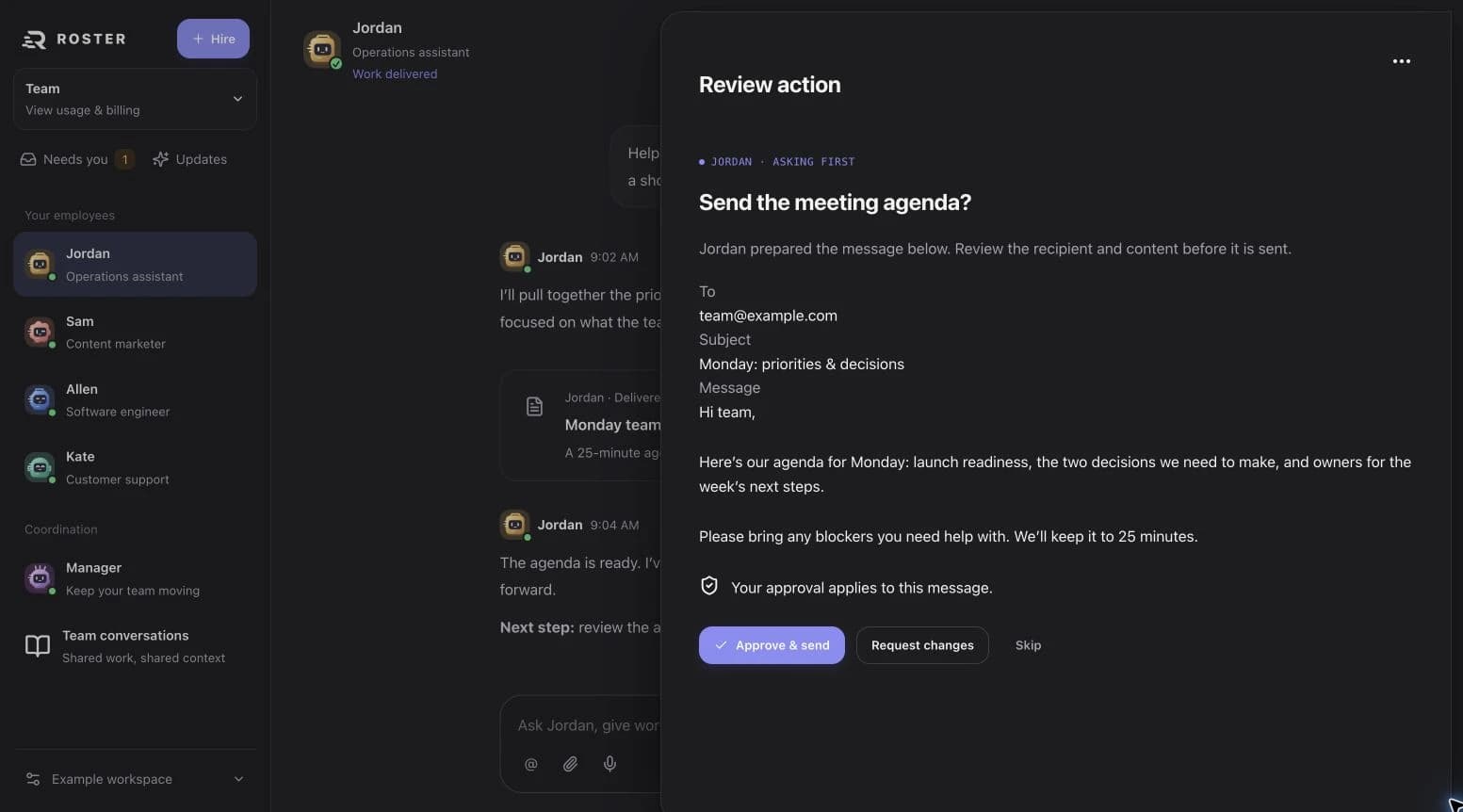 Example approval showing the proposed action before it runs